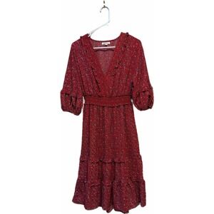Max Studio Dress Women Red Floral Polyester V Neck 3/4 Sleeve Dress Size L